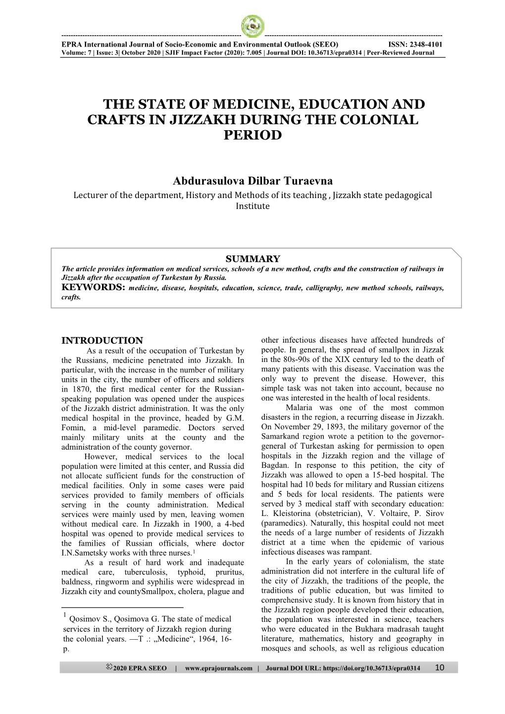 The State of Medicine, Education and Crafts in Jizzakh During the Colonial Period