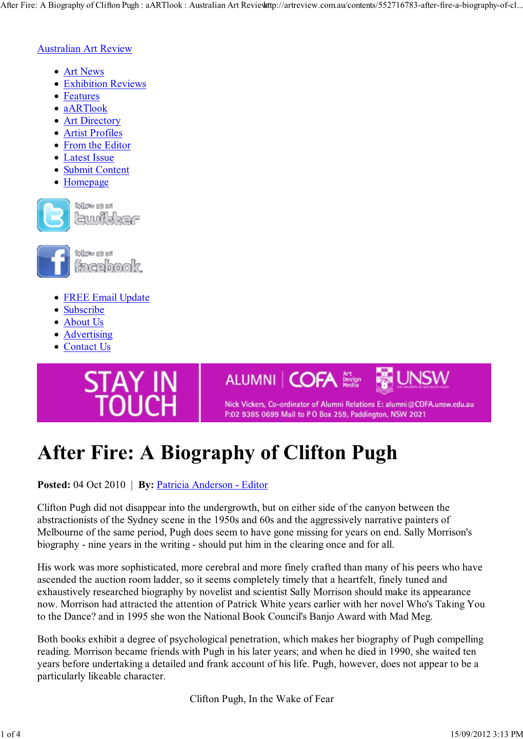 After Fire: a Biography of Clifton Pugh : Aartlook : Australian Art Review