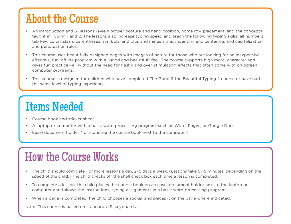 About the Course • an Introduction and 61 Lessons Review Proper Posture and Hand Position, Home Row Placement, and the Concepts Taught in Typing 1 and 2