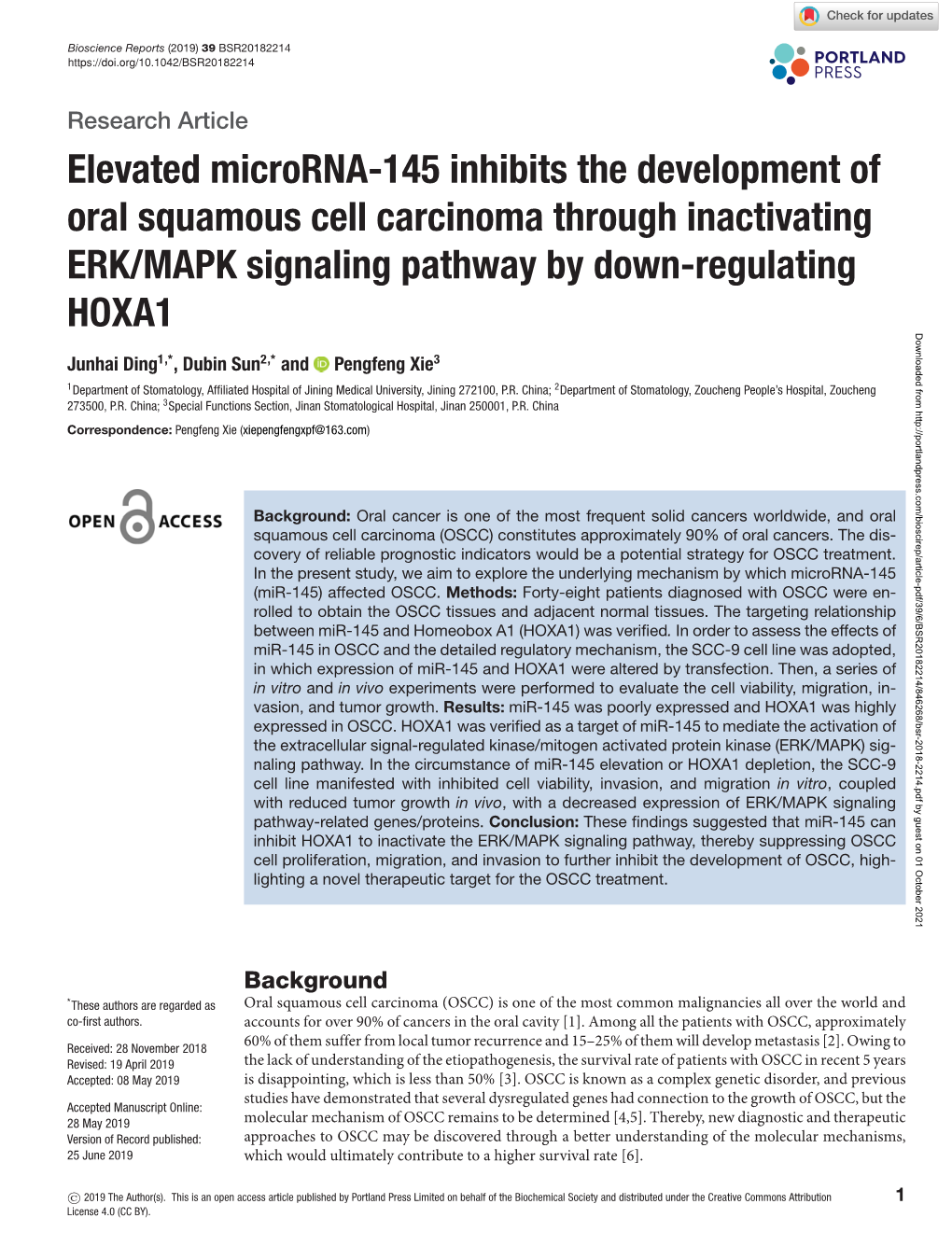 Elevated Microrna-145 Inhibits the Development of Oral Squamous Cell Carcinoma Through Inactivating ERK/MAPK Signaling Pathway by Down-Regulating