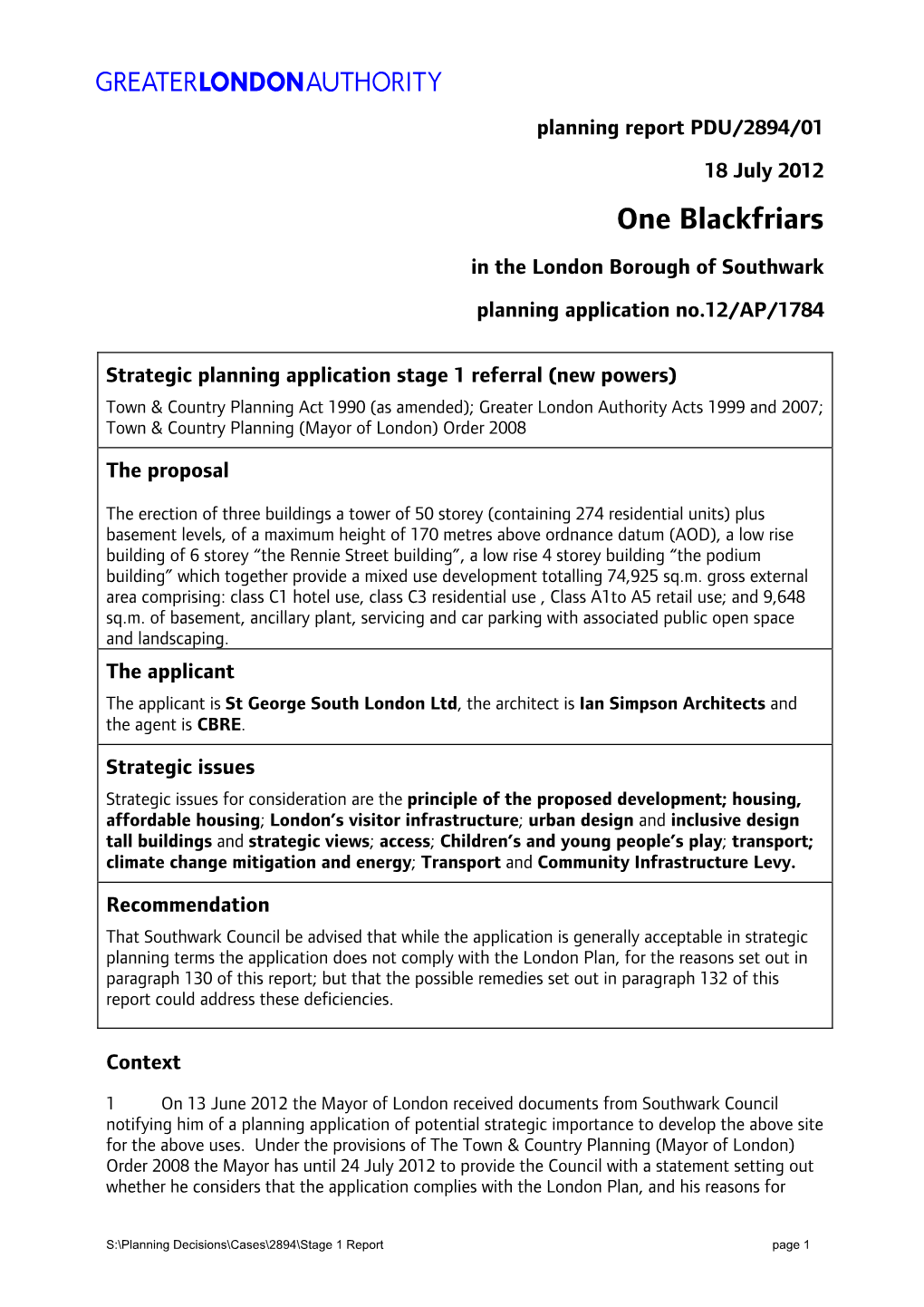 One Blackfriars in the London Borough of Southwark Planning Application No.12/AP/1784