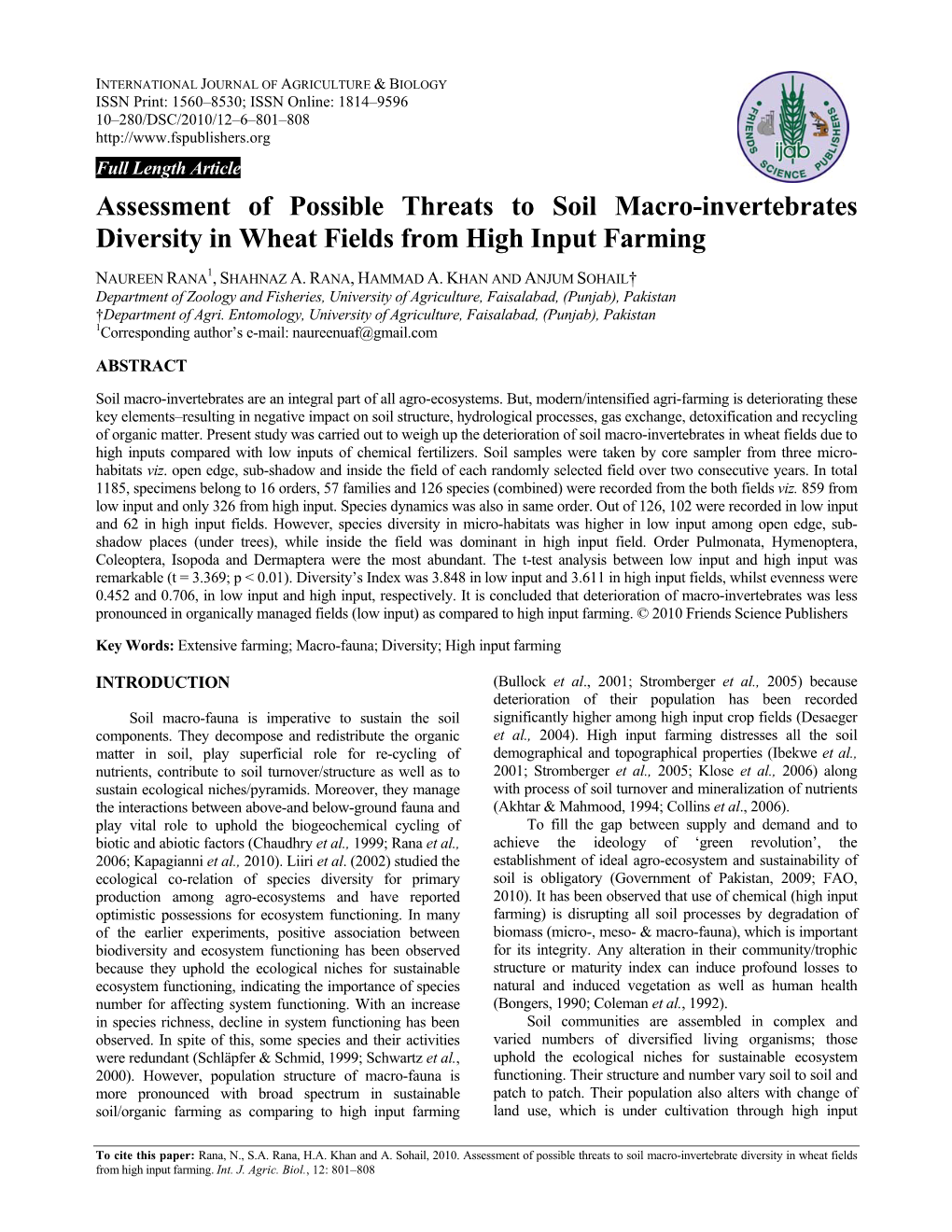 Assessment of Possible Threats to Soil Macro-Invertebrates Diversity in Wheat Fields from High Input Farming