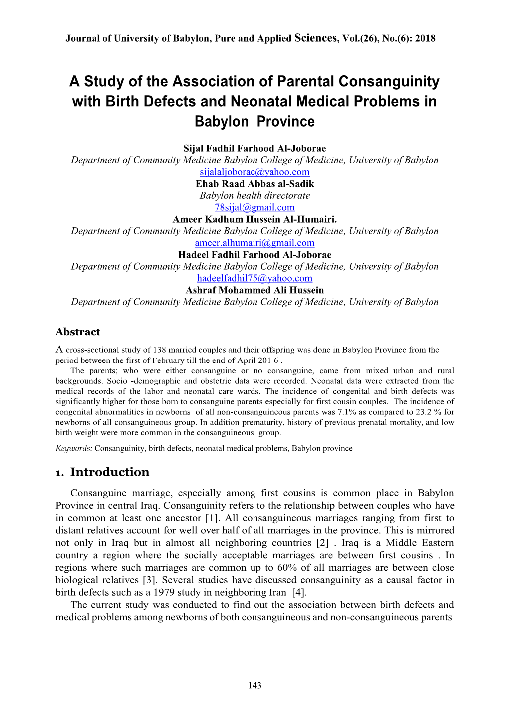 A Study of the Association of Parental Consanguinity with Birth Defects and Neonatal Medical Problems in Babylon Province