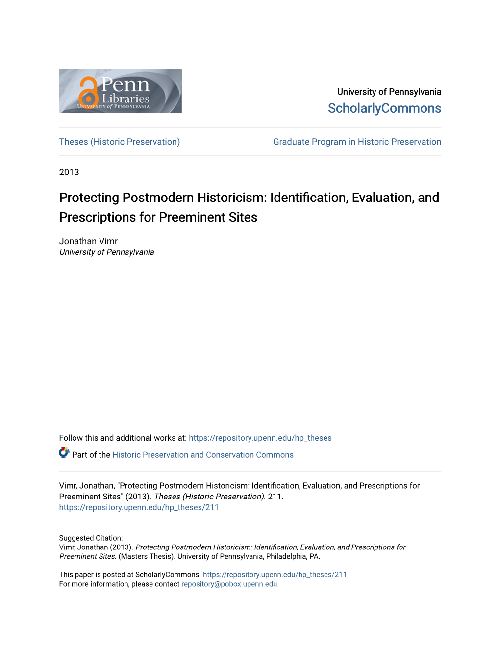 Protecting Postmodern Historicism: Identification, Ve Aluation, and Prescriptions for Preeminent Sites