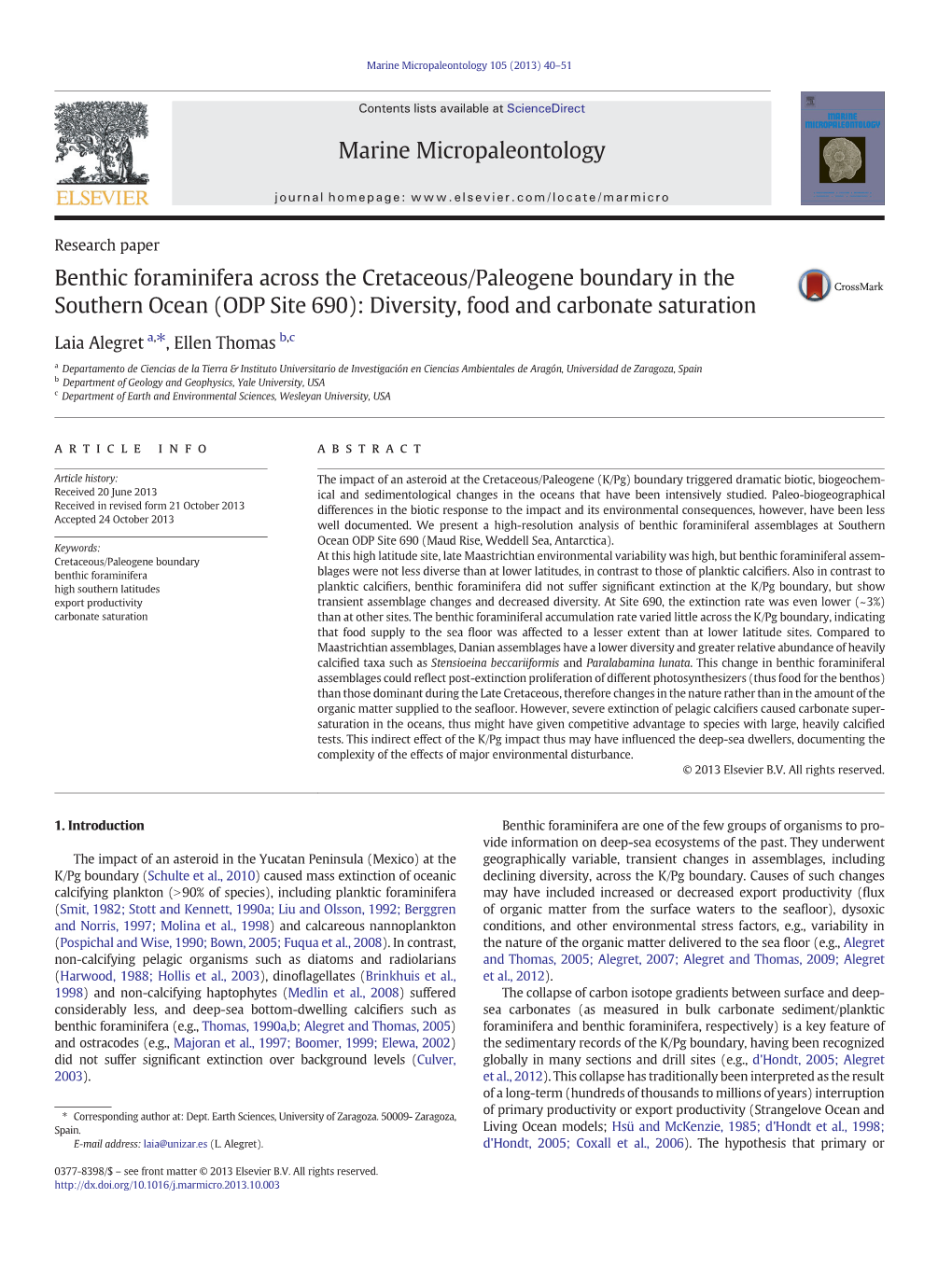 Benthic Foraminifera Across the Cretaceous/Paleogene Boundary in the Southern Ocean (ODP Site 690): Diversity, Food and Carbonate Saturation