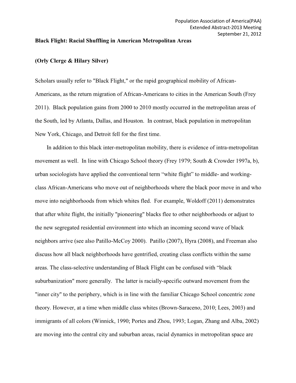 Black Flight: Racial Shuffling in American Metropolitan Areas (Orly