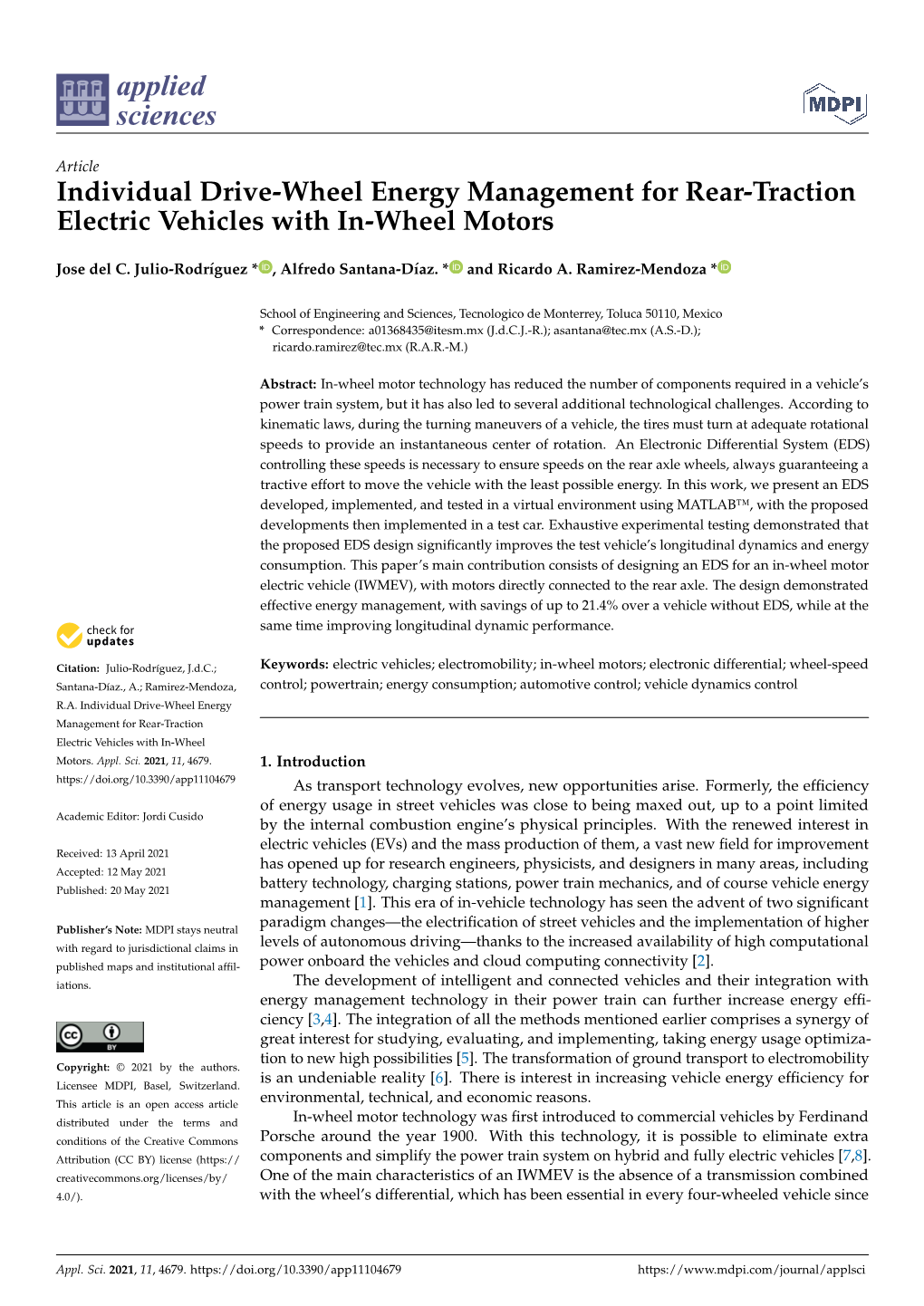 Individual Drive-Wheel Energy Management for Rear-Traction Electric Vehicles with In-Wheel Motors