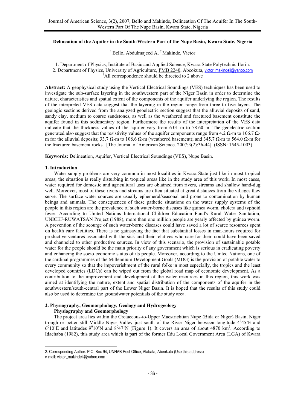 2007, Bello and Makinde, Delineation of the Aquifer in the South- Western Part of the Nupe Basin, Kwara State, Nigeria