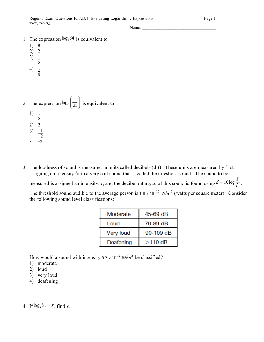 Regents Exam Questions F.IF.B.4: Evaluating Logarithmic Expressions Page 3