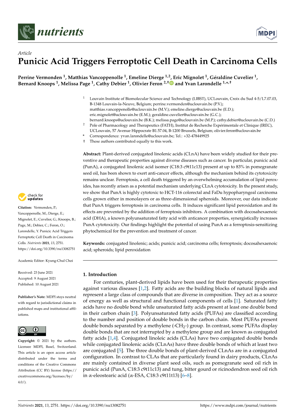 Punicic Acid Triggers Ferroptotic Cell Death in Carcinoma Cells