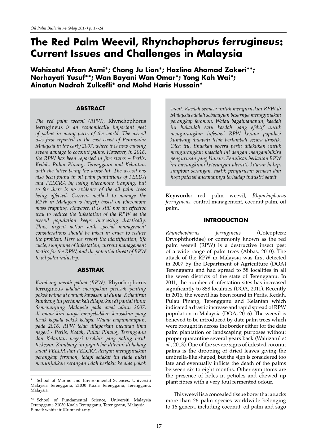 The Red Palm Weevil, Rhynchophorus Ferrugineus: Current Issues and Challenges in Malaysia