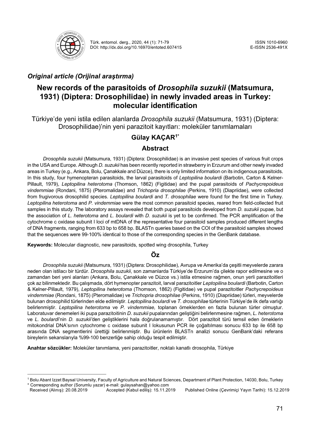 New Records of the Parasitoids of Drosophila Suzukii