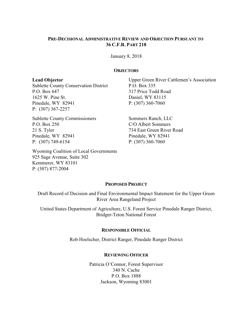 36 C.F.R. P January 8, 2018 Lead Objector Sublette County Conservation District P.O. Box 647 1625 W. Pine St. Pinedale, WY