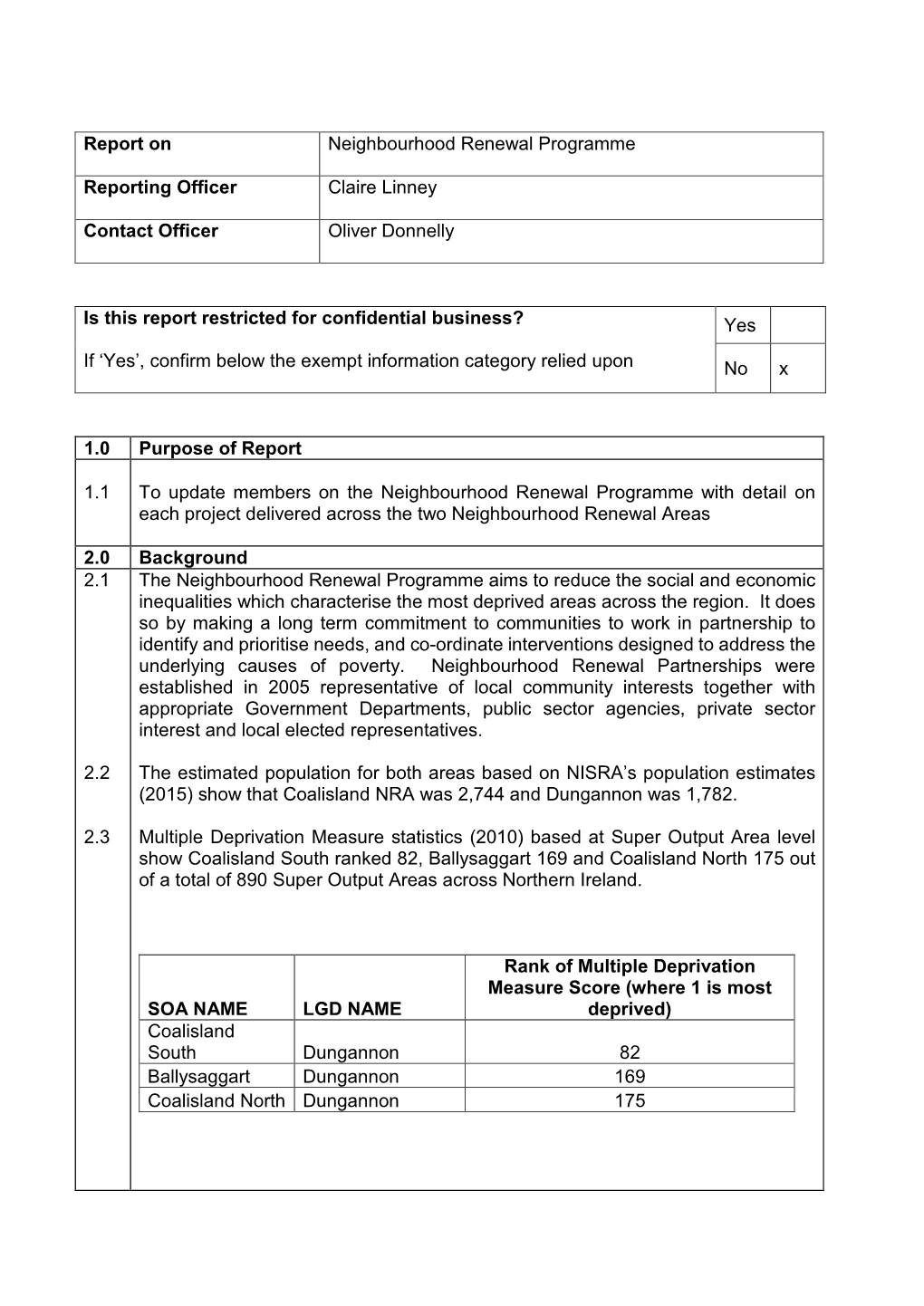 Report on Neighbourhood Renewal Programme Reporting Officer Claire