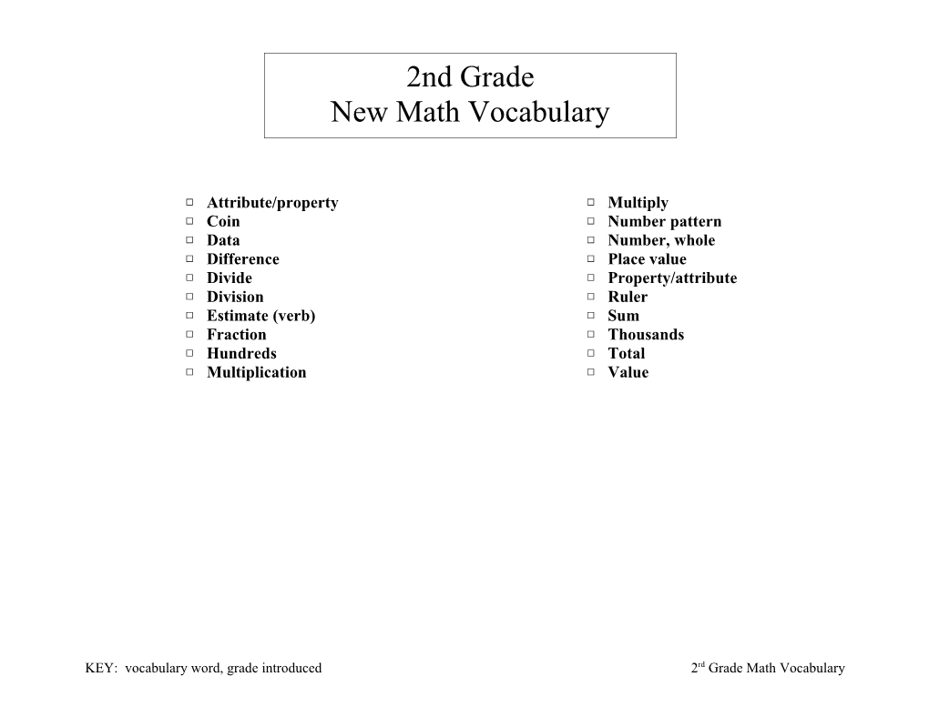 KEY: Vocabulary Word, Grade Introduced 2Rd Grade Math Vocabulary