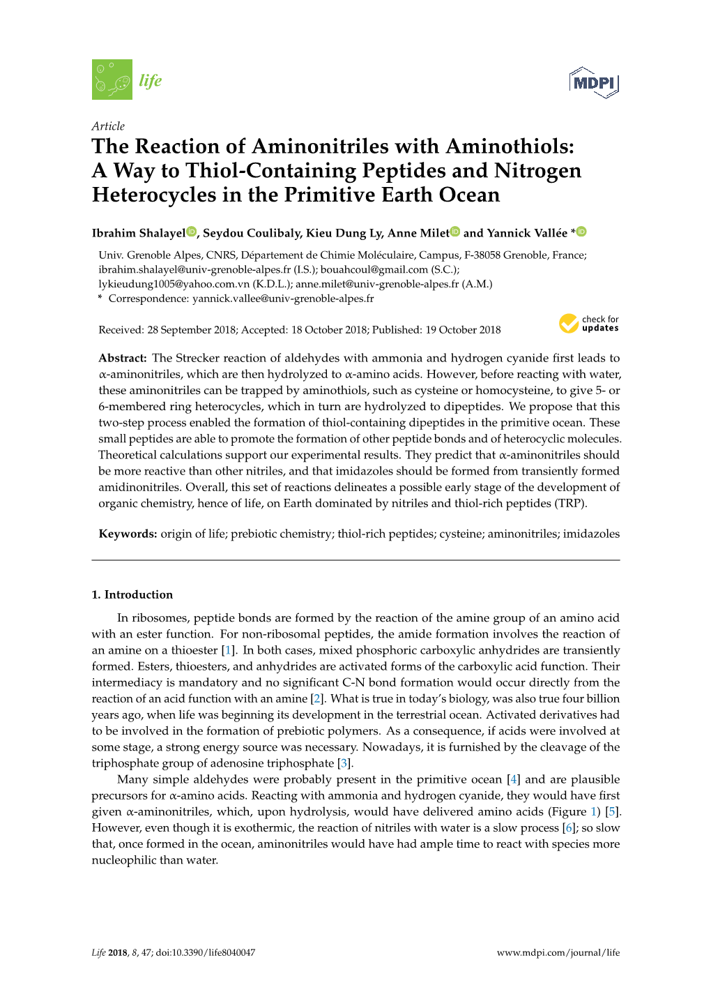 The Reaction of Aminonitriles with Aminothiols: a Way to Thiol-Containing Peptides and Nitrogen Heterocycles in the Primitive Earth Ocean