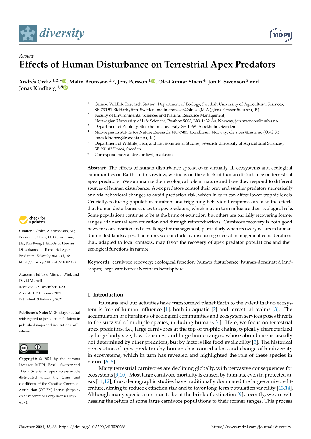 Effects of Human Disturbance on Terrestrial Apex Predators