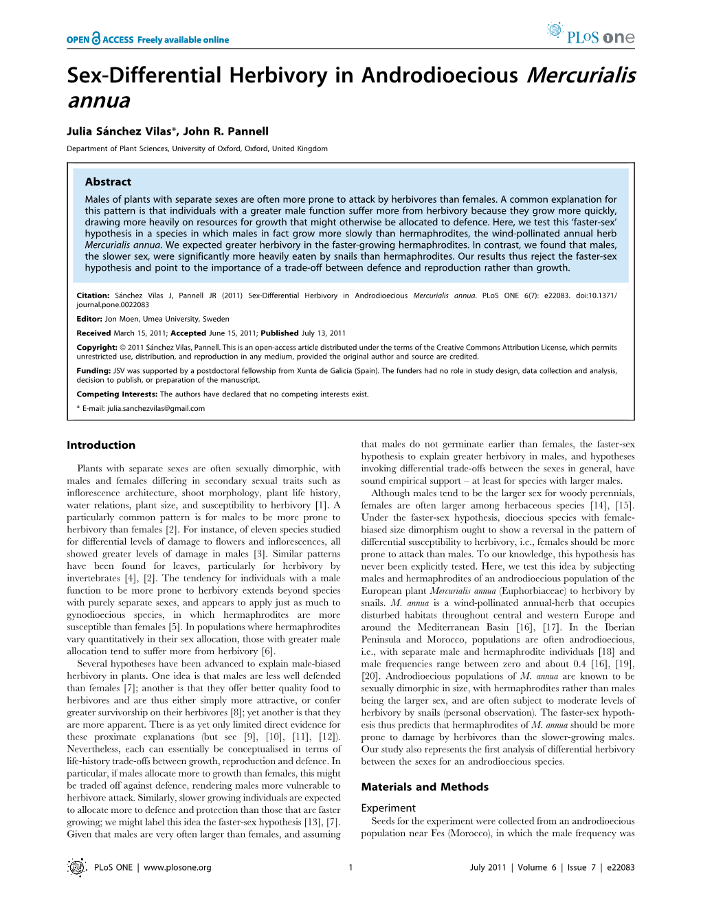 Sex-Differential Herbivory in Androdioecious Mercurialis Annua