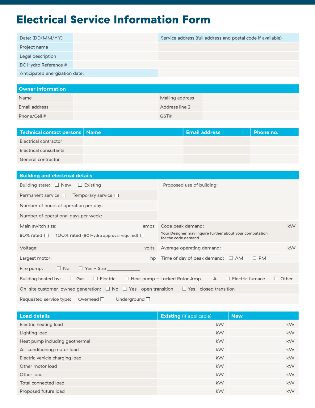 Electrical Service Information Form