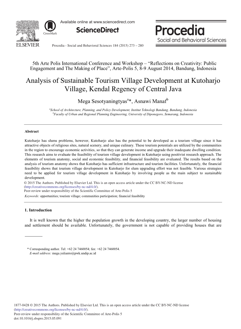 Analysis of Sustainable Tourism Village Development at Kutoharjo Village, Kendal Regency of Central Java