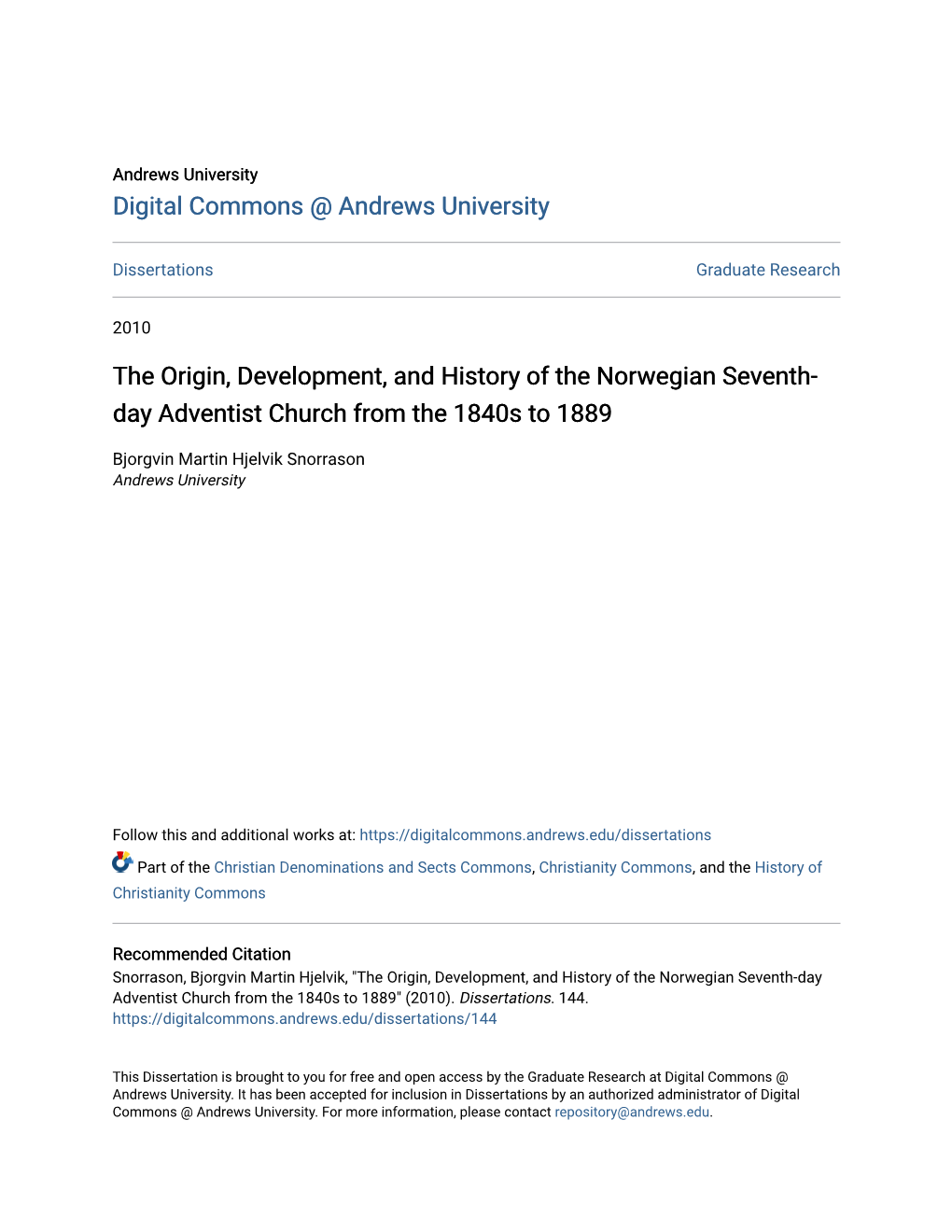 The Origin, Development, and History of the Norwegian Seventh-Day Adventist Church from the 1840S to 1889