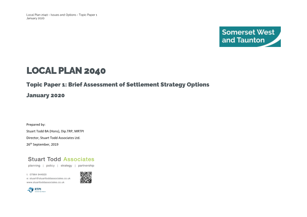 Topic Paper 1: Brief Assessment of Settlement Strategy Options January 2020