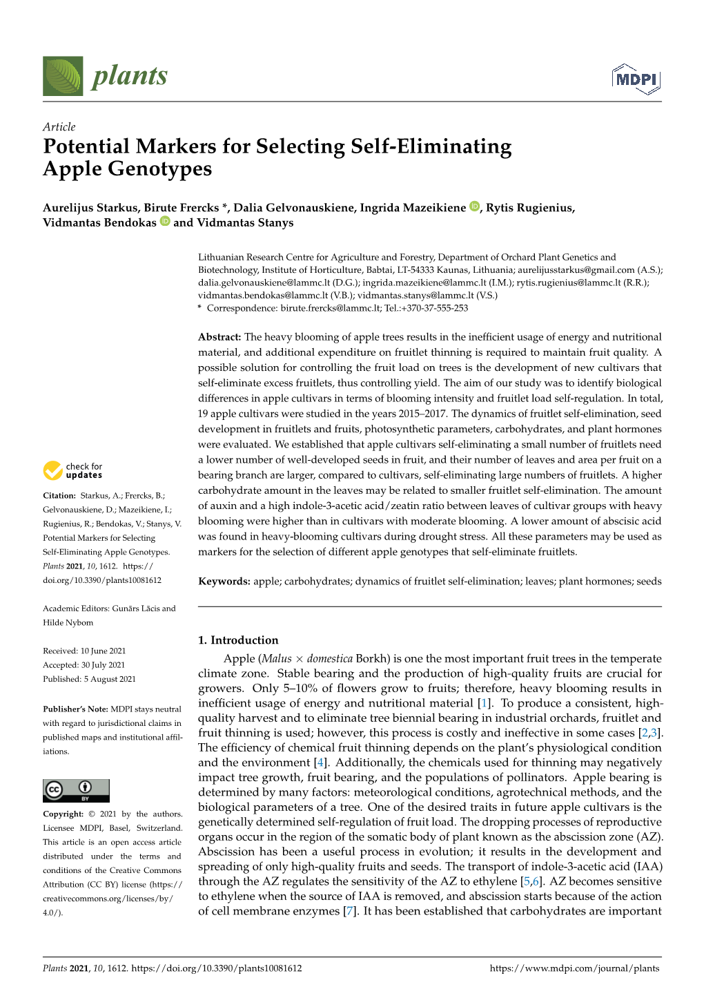 Potential Markers for Selecting Self-Eliminating Apple Genotypes