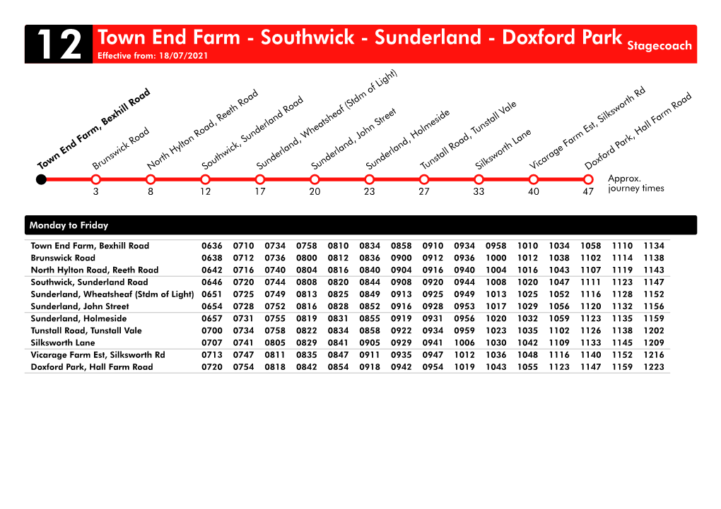 Town End Farm - Southwick - Sunderland - Doxford Park Stagecoach 12 Effective From: 18/07/2021