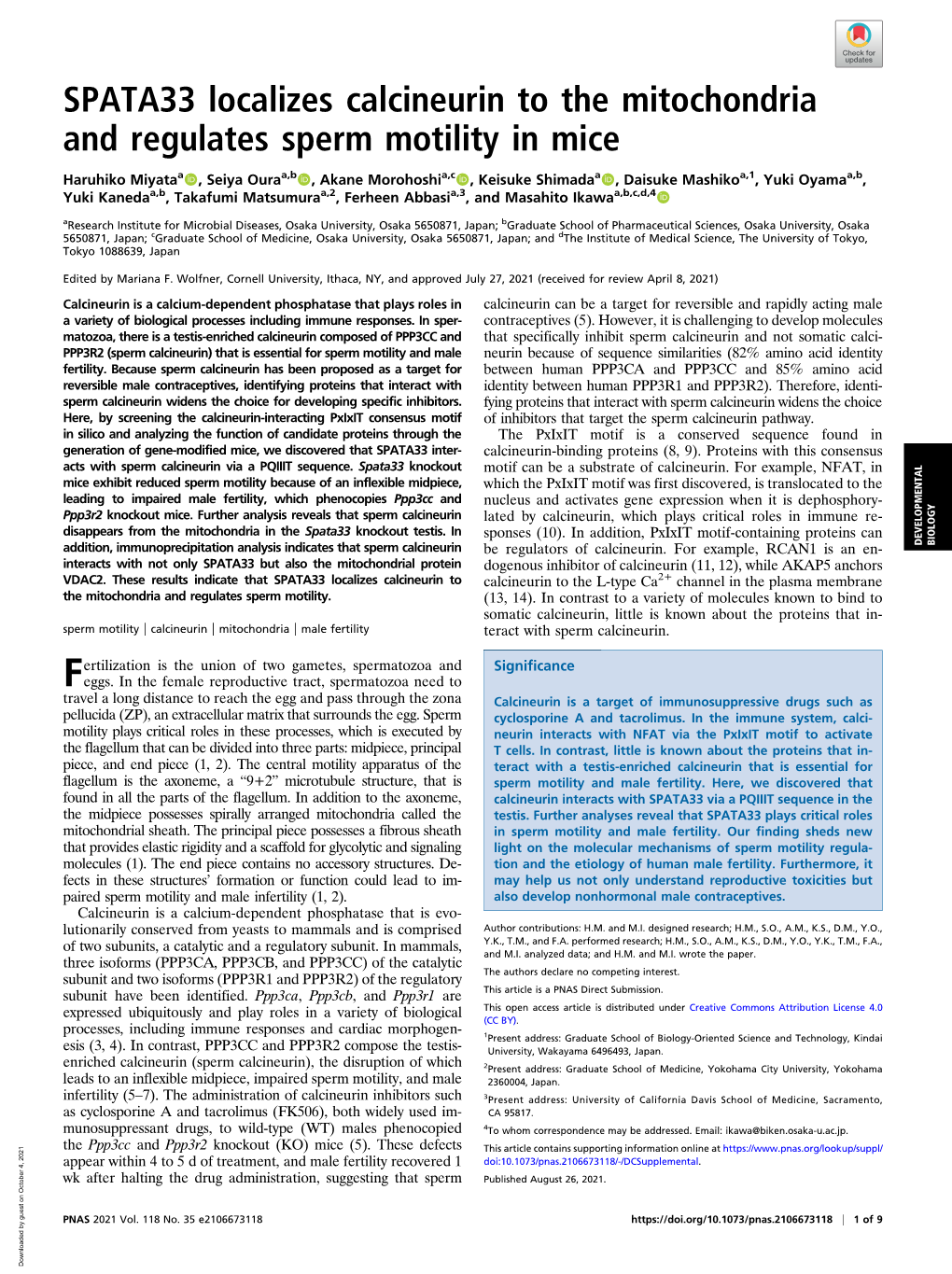 SPATA33 Localizes Calcineurin to the Mitochondria and Regulates Sperm Motility in Mice