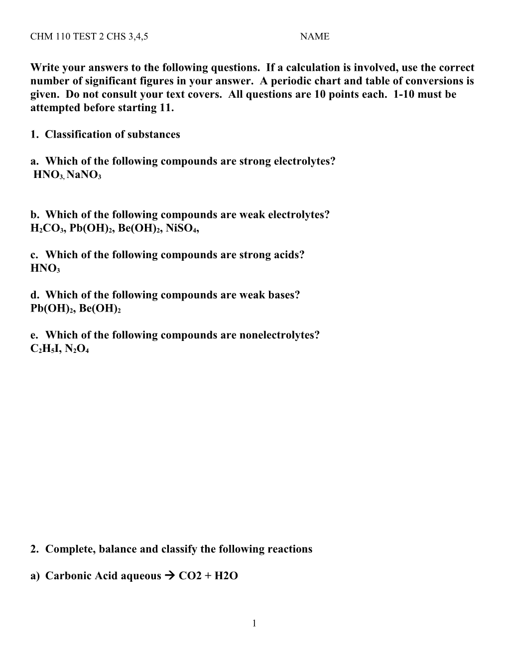 Chm 110 Test 2 Chs 3,4,5 Name