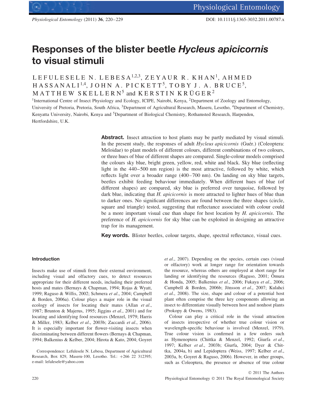 Responses of the Blister Beetle Hycleus Apicicornis to Visual Stimuli