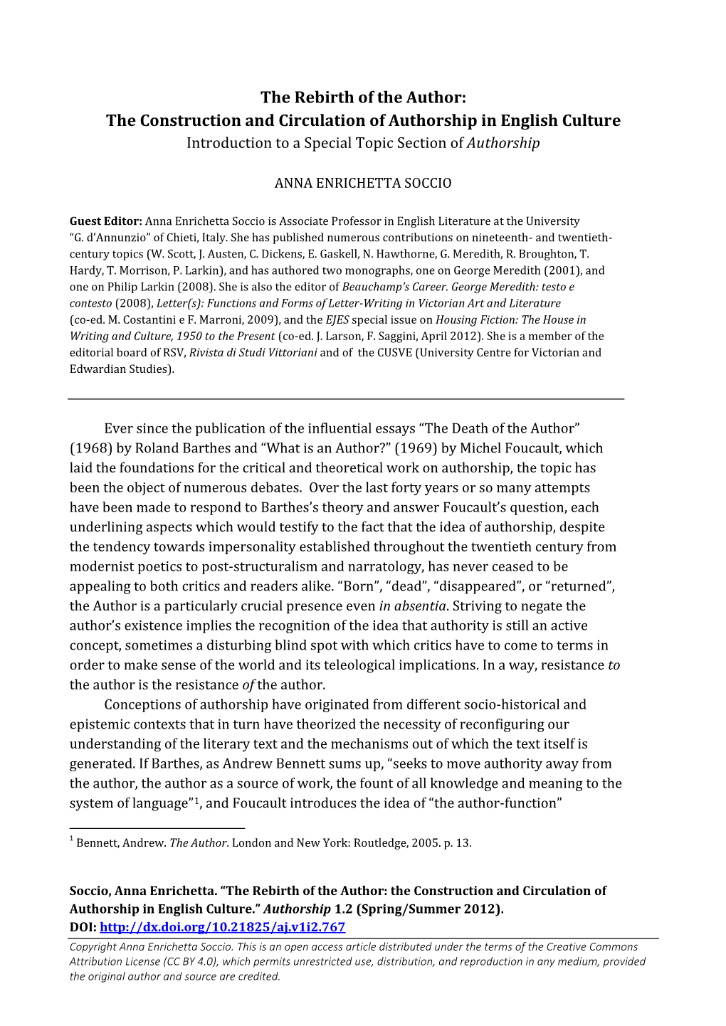 The Rebirth of the Author: the Construction and Circulation of Authorship in English Culture Introduction to a Special Topic Section of Authorship