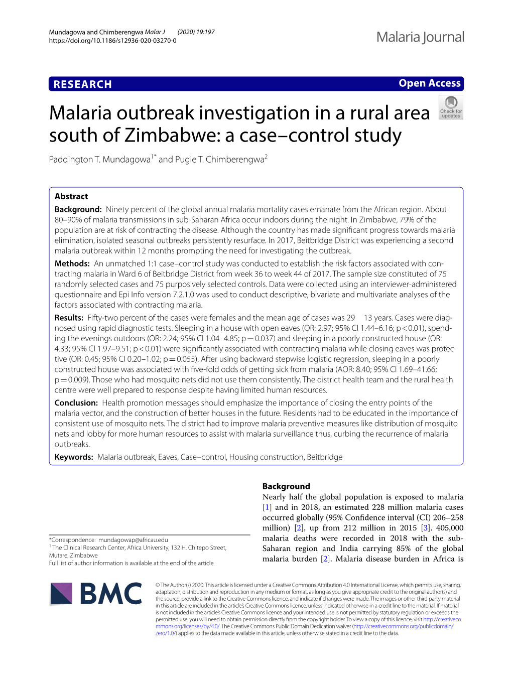 Malaria Outbreak Investigation in a Rural Area South of Zimbabwe: a Case–Control Study Paddington T