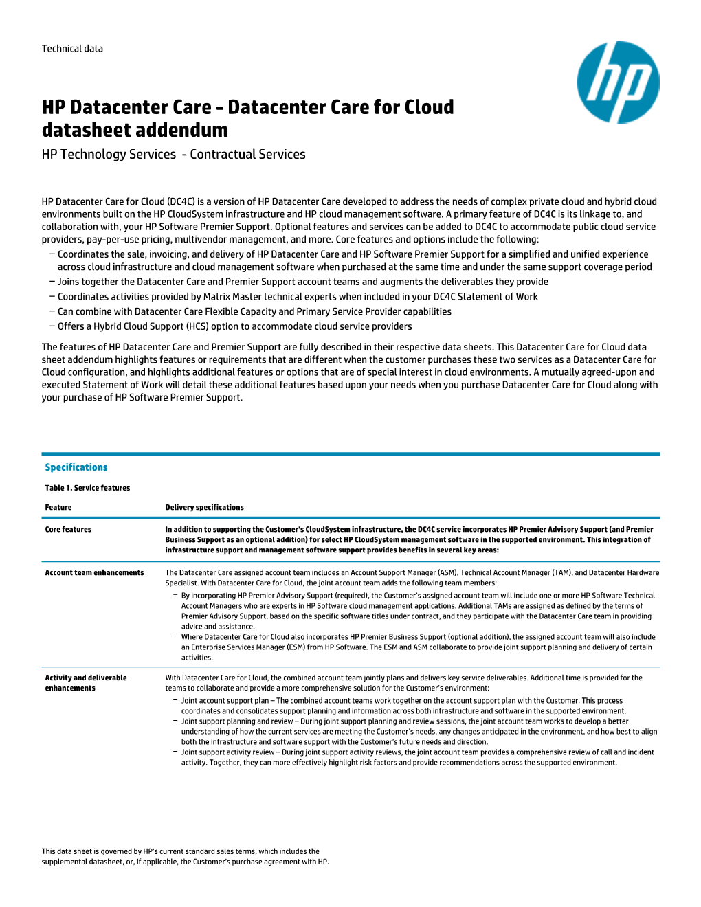 HP Datacenter Care - Datacenter Care for Cloud Datasheet Addendum HP Technology Services - Contractual Services