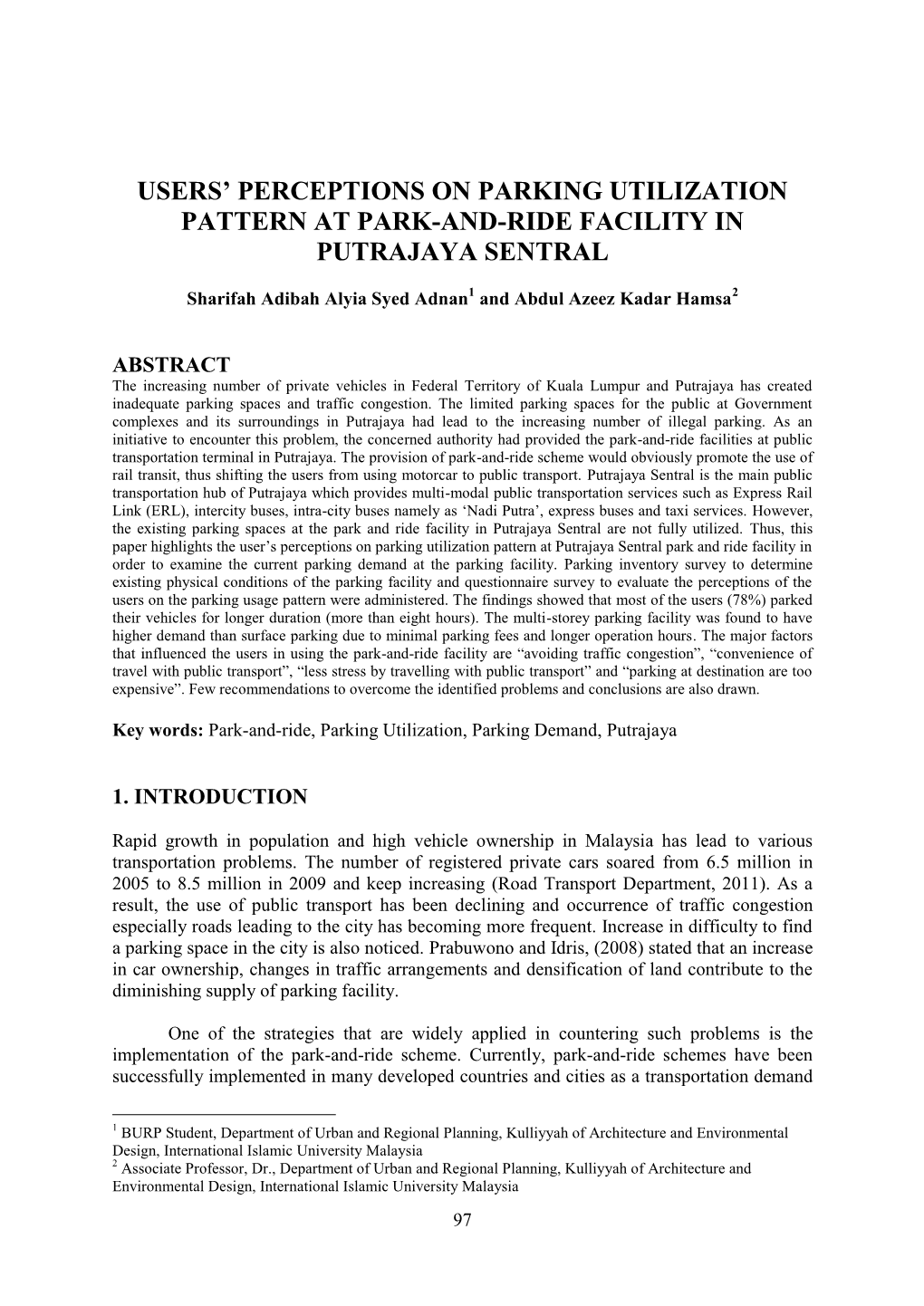 Users' Perceptions on Parking Utilization Pattern at Park-And-Ride