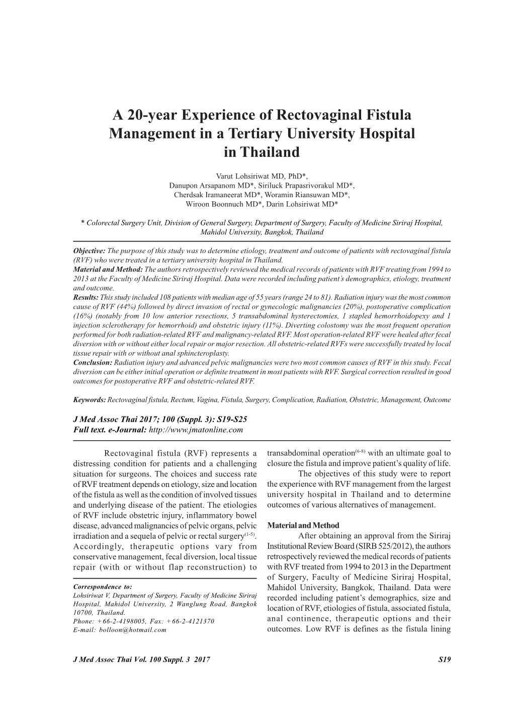 A 20-Year Experience of Rectovaginal Fistula Management in a Tertiary University Hospital in Thailand