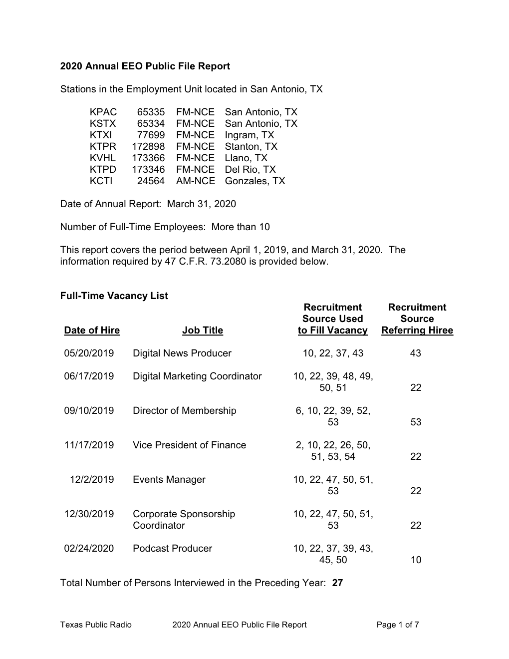 2020 Annual EEO Public File Report Stations in The