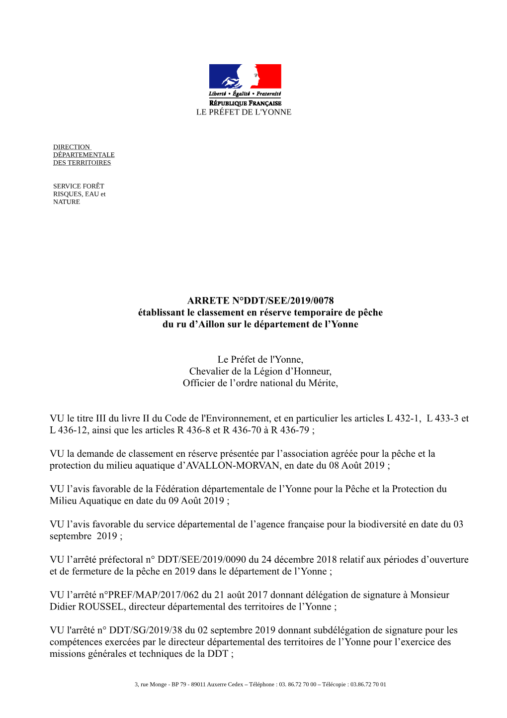 ARRETE N°DDT/SEE/2019/0078 Établissant Le Classement En Réserve Temporaire De Pêche Du Ru D’Aillon Sur Le Département De L’Yonne