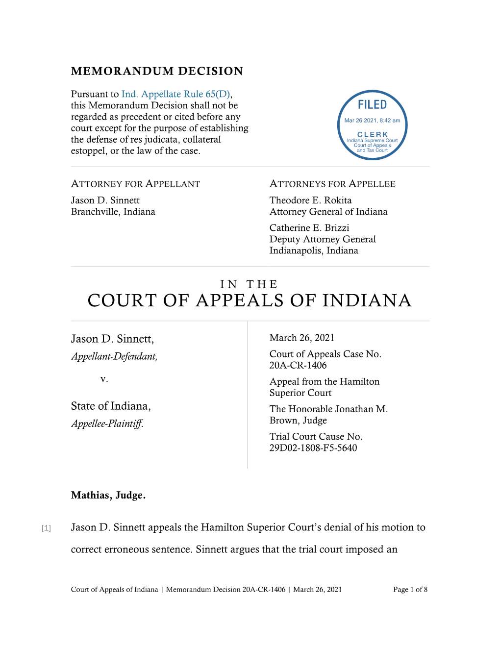 Jason D. Sinnett V. State of Indiana