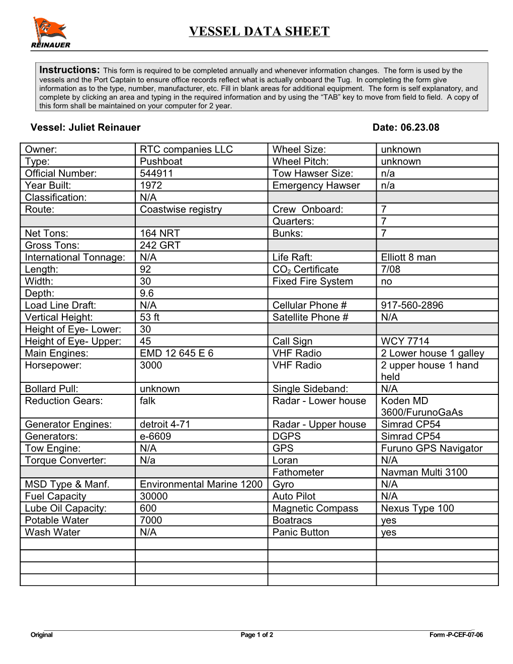 Vessel Data Sheet