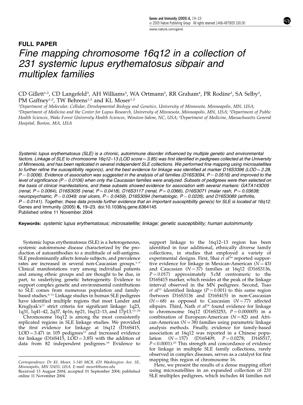 Fine Mapping Chromosome 16Q12 in a Collection of 231 Systemic Lupus Erythematosus Sibpair and Multiplex Families