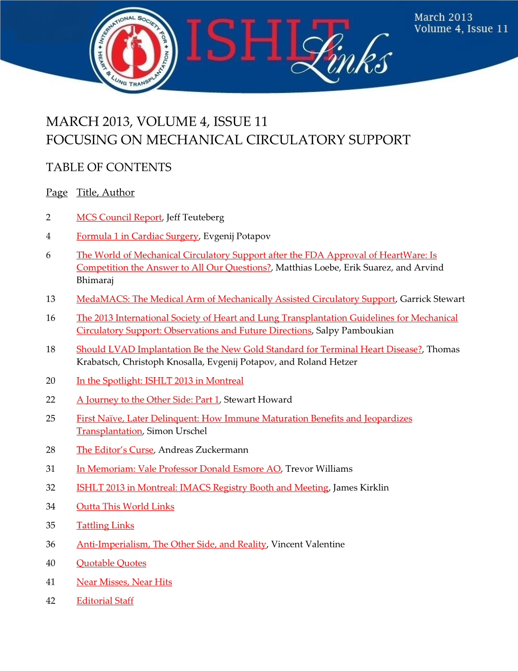 March 2013, Volume 4, Issue 11 Focusing on Mechanical Circulatory Support