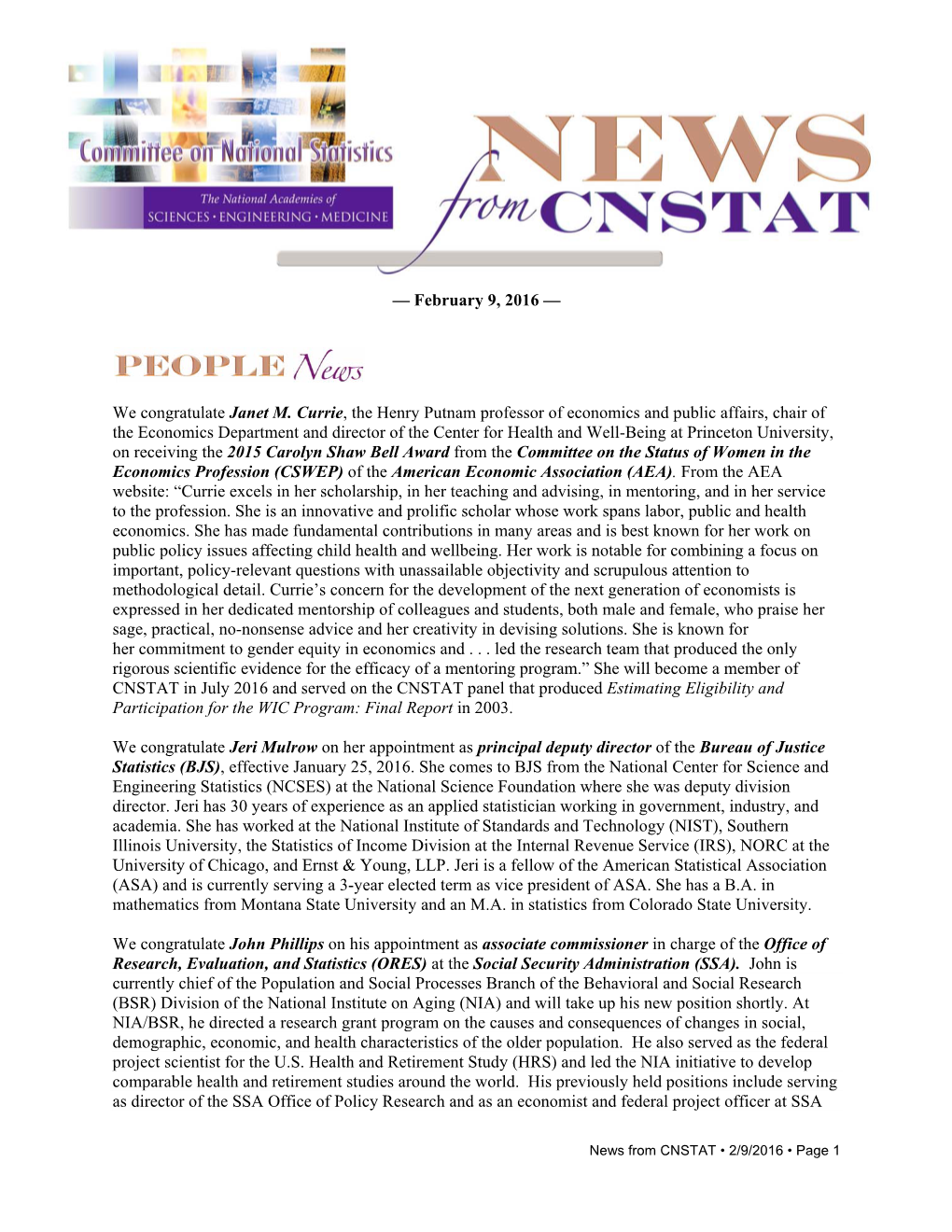 February 9, 2016 — We Congratulate Janet M. Currie, the Henry Putnam Professor of Economics and Public Affairs, Chair of T