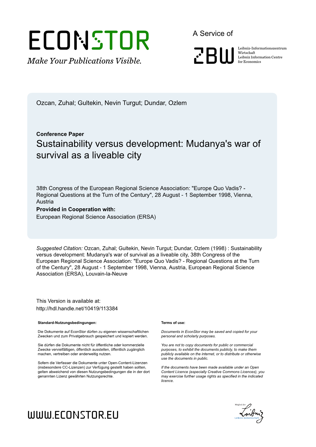 Sustainability Versus Development: Mudanya's War of Survival As a Liveable City