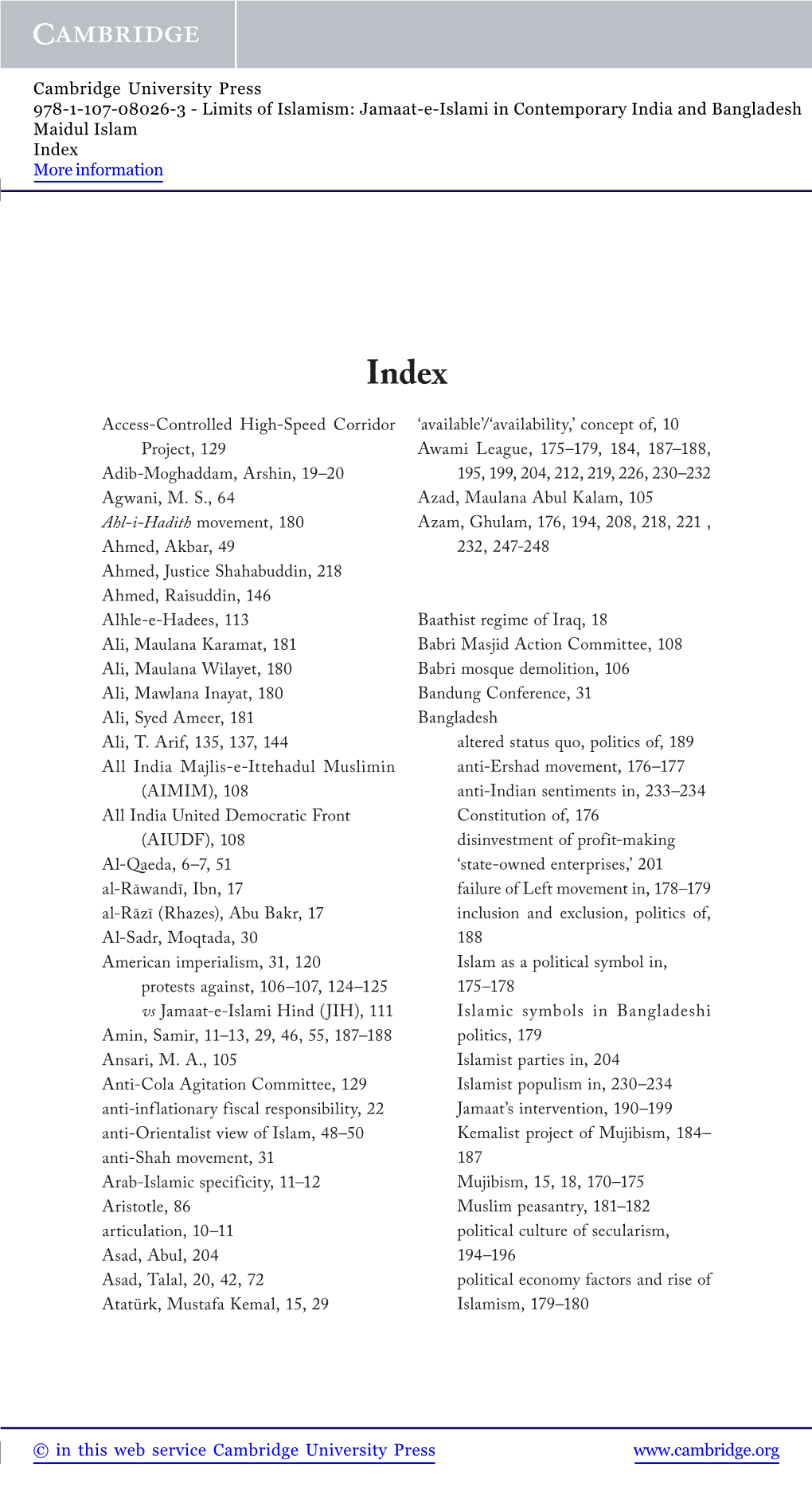 Access-Controlled High-Speed Corridor Project, 129 Adib-Moghaddam, Arshin, 19–20 Agwani, M. S., 64 Ahl-I-Hadith Movement