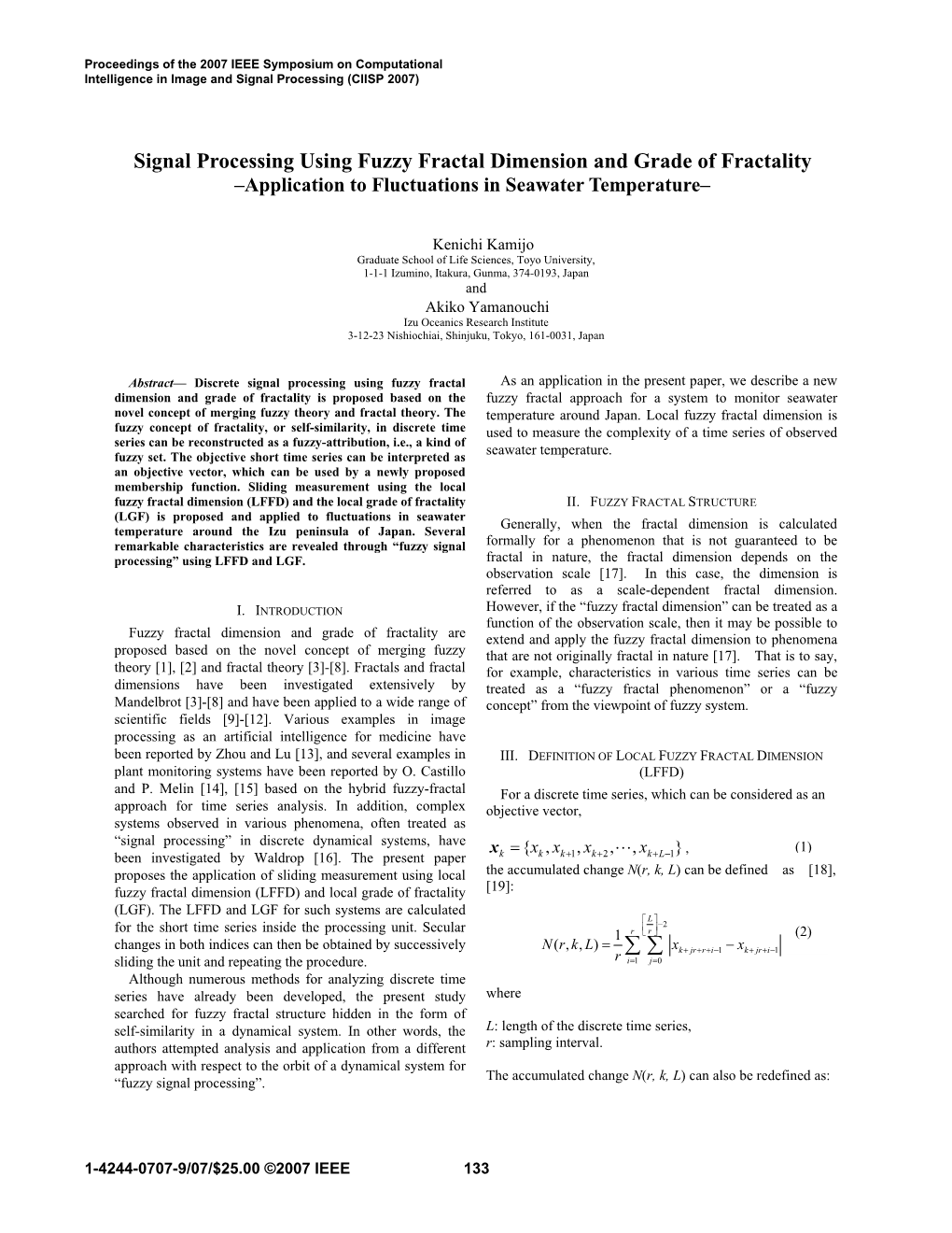 Signal Processing Using Fuzzy Fractal Dimension and Grade of Fractality –Application to Fluctuations in Seawater Temperature–