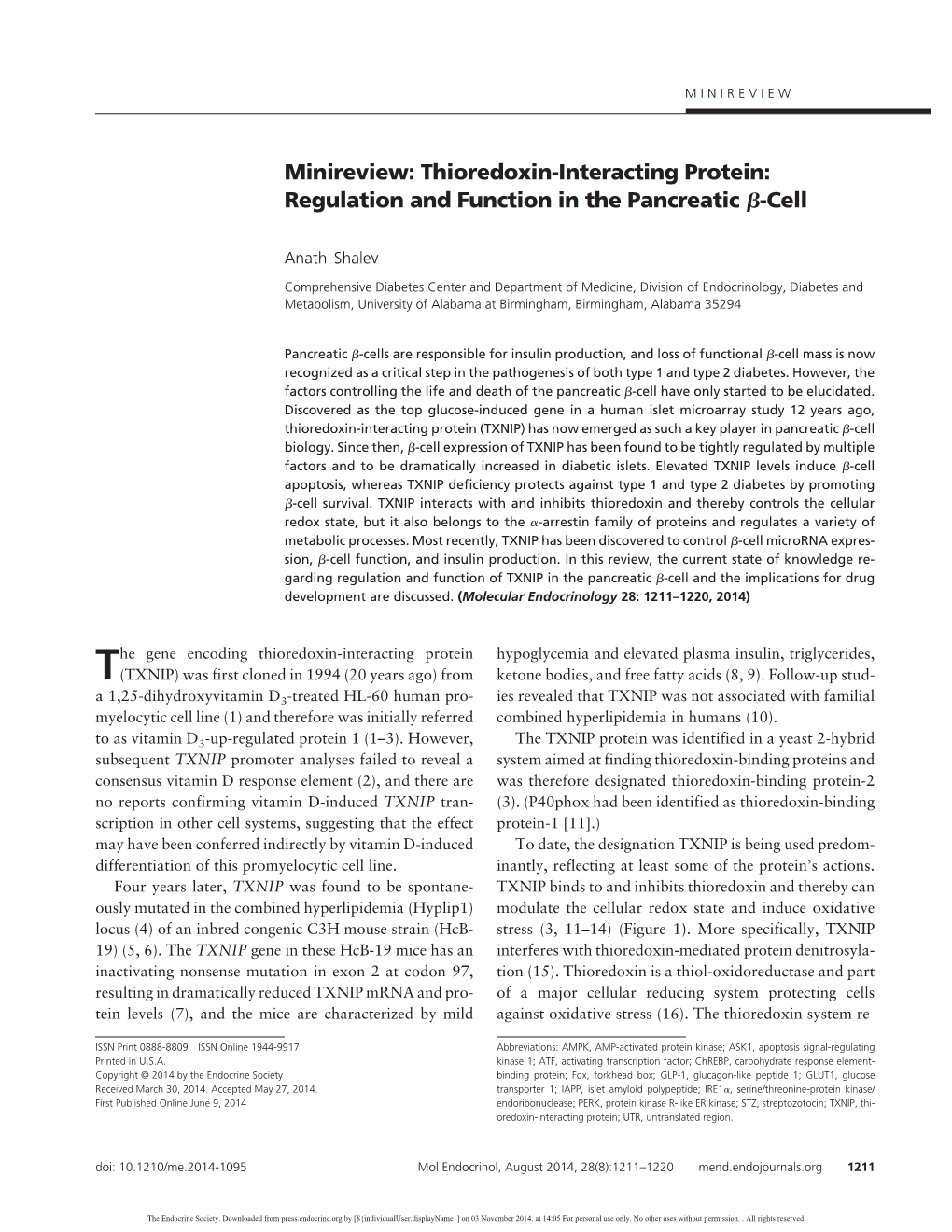 Minireview: Thioredoxin-Interacting Protein: Regulation and Function in the Pancreatic ␤-Cell