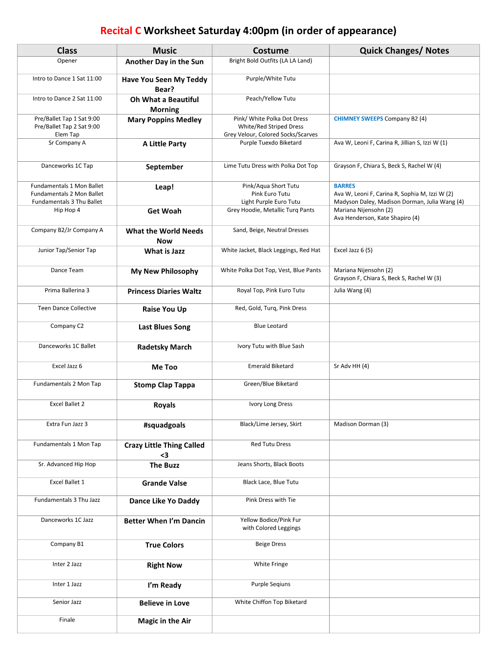 Recital C Worksheet (Crew, Chaperones)