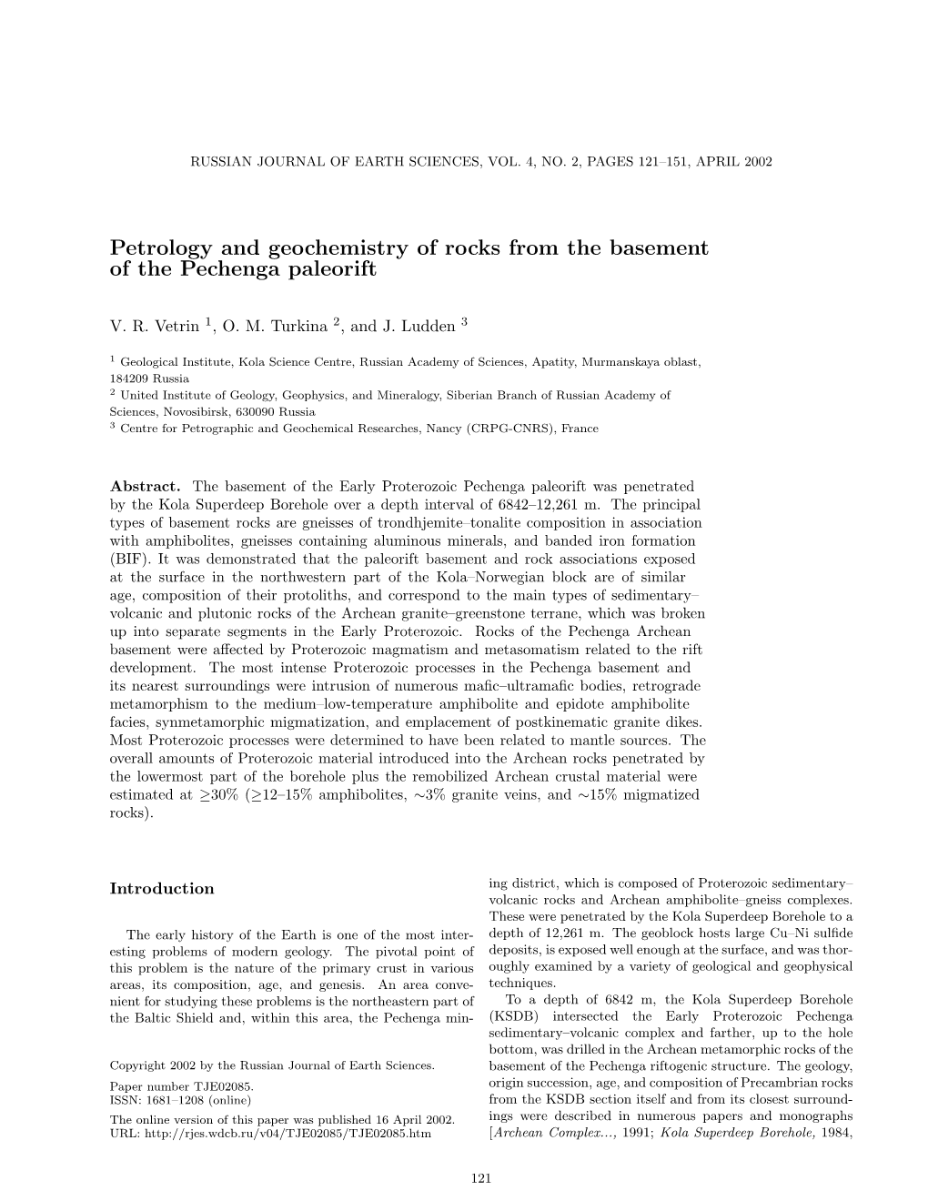 Petrology and Geochemistry of Rocks from the Basement of the Pechenga Paleorift