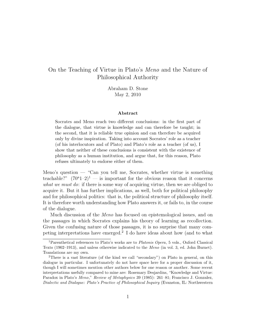 On the Teaching of Virtue in Plato's Meno and the Nature Of